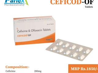 Cefixime(anhydrous) 200mg + Ofloxacin IP 200mg Tablet Manufacturer supplier and exporter