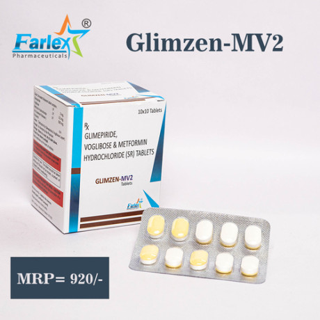 Metformin HCL(SR) 500 mg+Glimipride 2mg+Voglibose 0.2 mg Bilayered Tablet Manufacturer & Supplier & Exporter 1